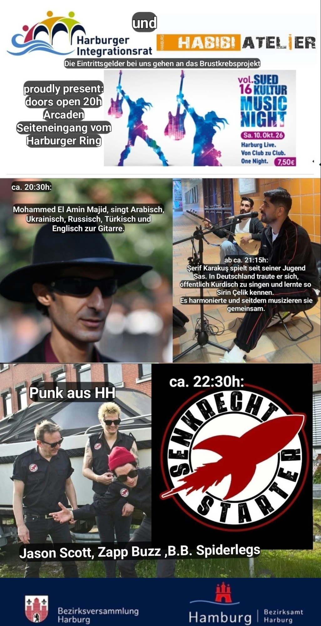Flyer zur Südkultur Music Night am 10. Oktober 2026 mit Harburger Integrationsrat und Habibi Atelier in den Harburg Arcaden, Einlass 20 Uhr